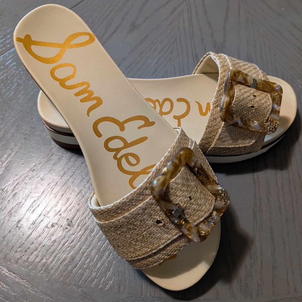 Sam Edelman Beige Slide Sandals with Tortoise Buckle